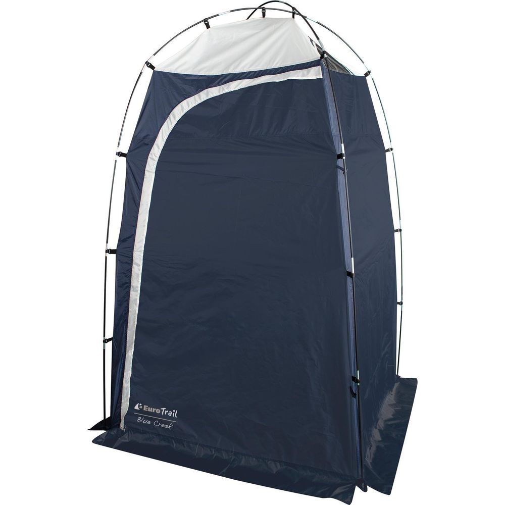 Una tenda portatile blu navy e bianca, etichettata "EuroTrail Blue Creek", su sfondo bianco.