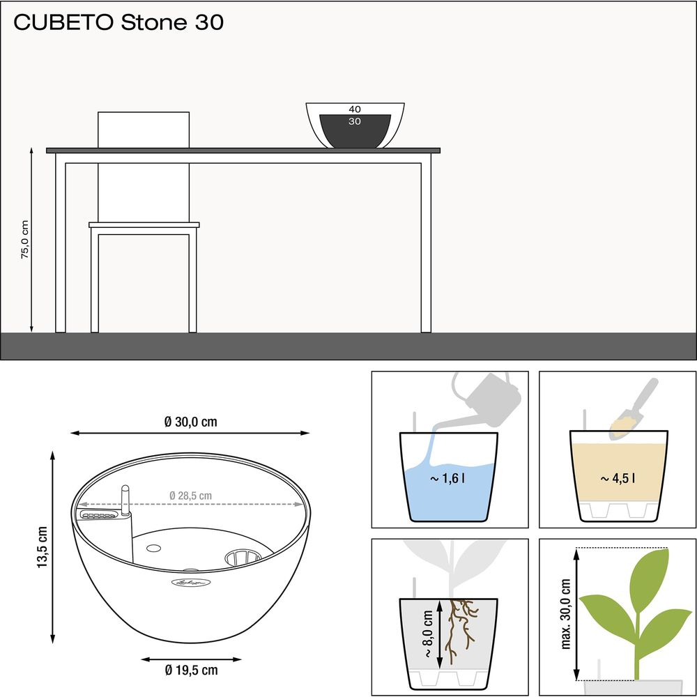 Diagramma mostra dimensioni vaso e istruzioni di montaggio.