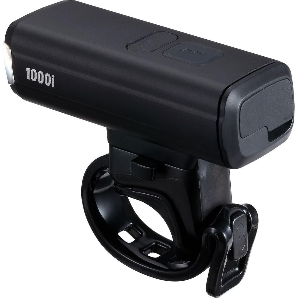 Schwarze Fahrradlampe mit "1000i"-Aufschrift und Halterung.