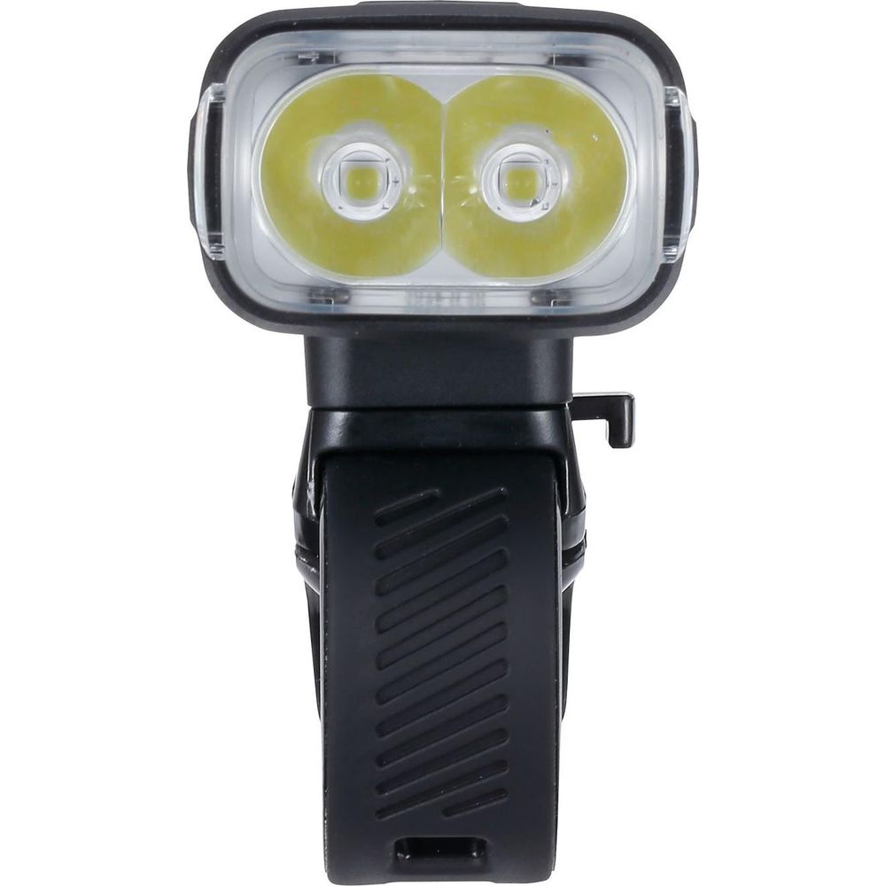 Schwarze Fahrradlampe mit zwei weißen LEDs, auf weißem Hintergrund.