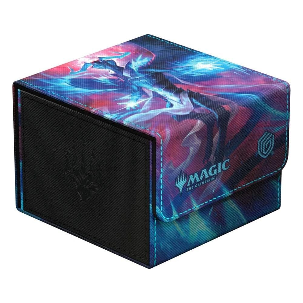 Une boîte de deck Magic The Gathering avec illustration bleue et rouge, avec un insert noir.