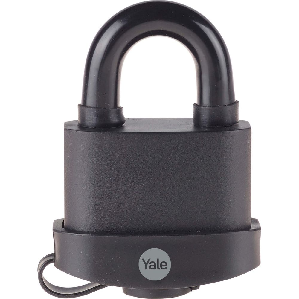 Schwarzes Vorhängeschloss von Yale mit silbernem Logo, auf weißem Hintergrund.