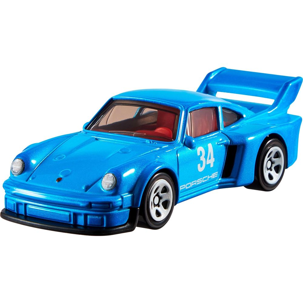 Ein blauer Porsche-Spielzeugrennwagen mit der Nummer 34 auf der Seite.