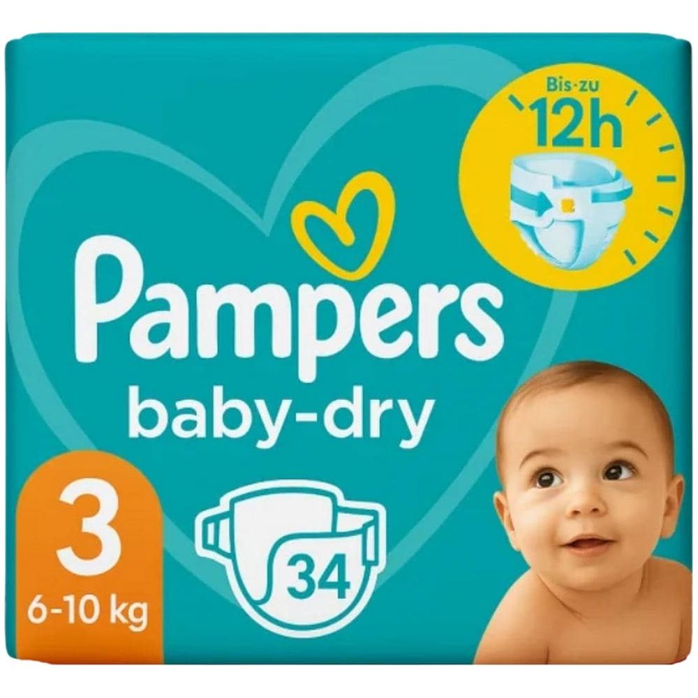 Pampers Baby-Dry Gr. 3 (6-10kg) Packung mit Baby und 12h Schutz Symbol.