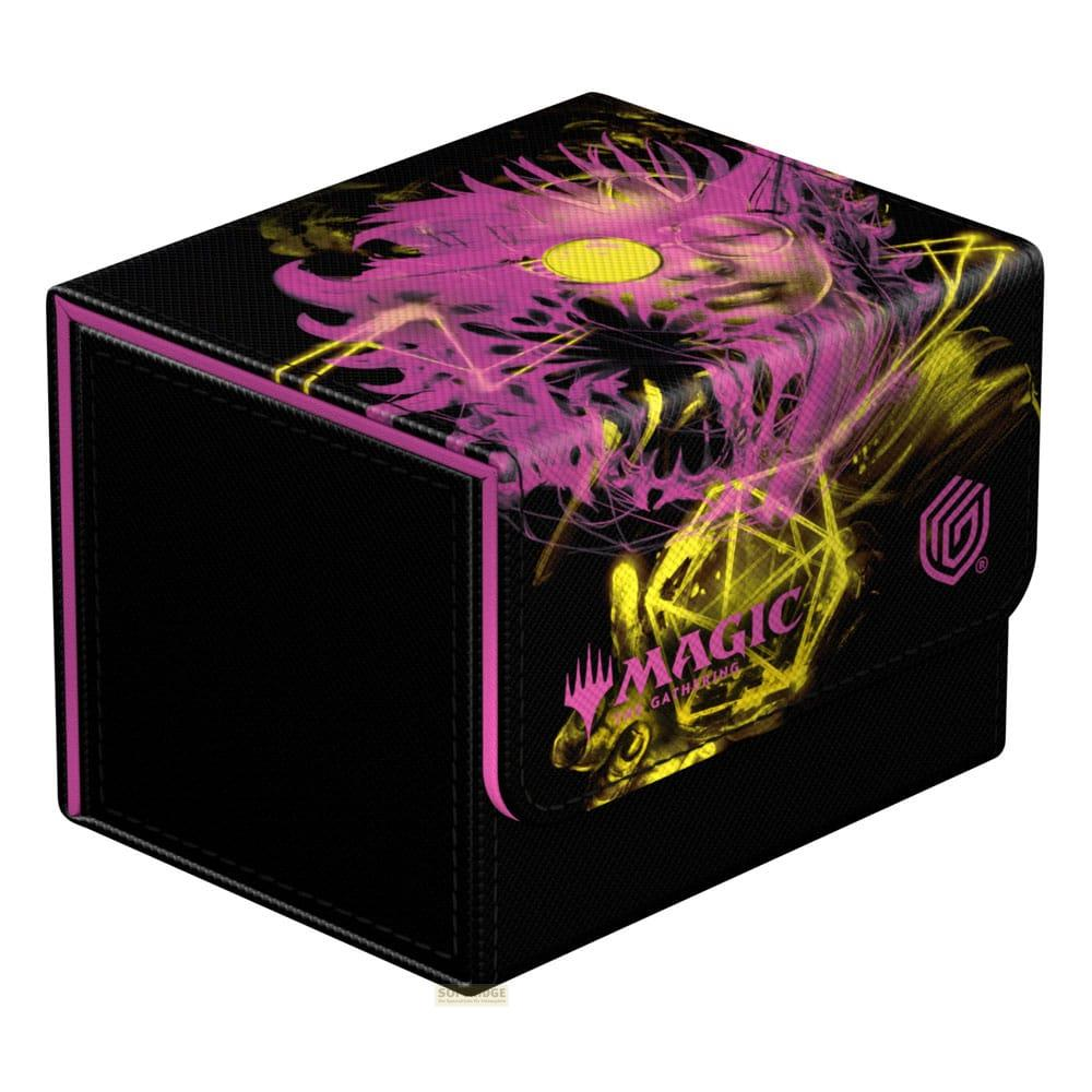Boîte noire avec art Magic: The Gathering rose et jaune, un dragon et des formes géométriques.