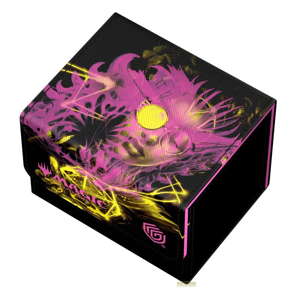 Boîte noire avec des graphismes roses et jaunes, y compris un visage et des symboles.