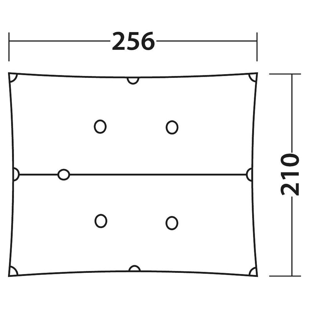 Disegno tecnico con dimensioni 256x210 e sei cerchi.