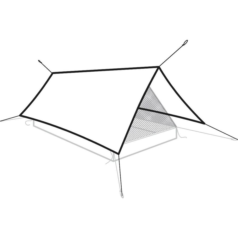 Una tenda leggera a parete singola con finestre in rete e picchetti.