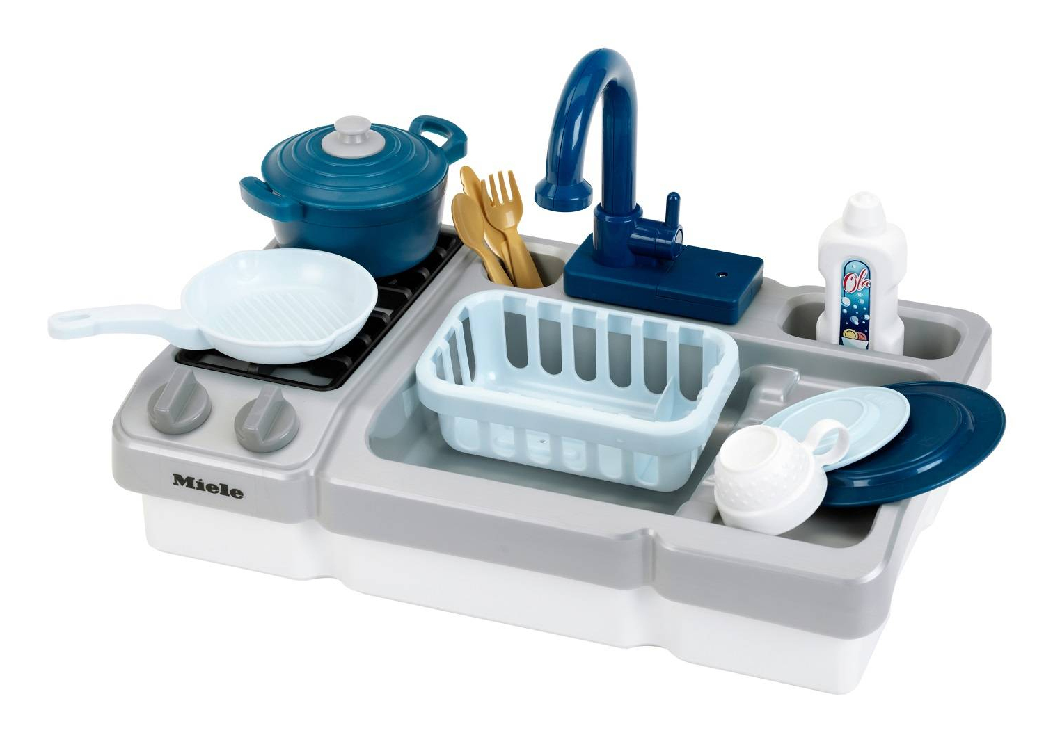 Spielküche mit blauem Topf, Pfanne, Spüle, Wasserhahn und Zubehör.