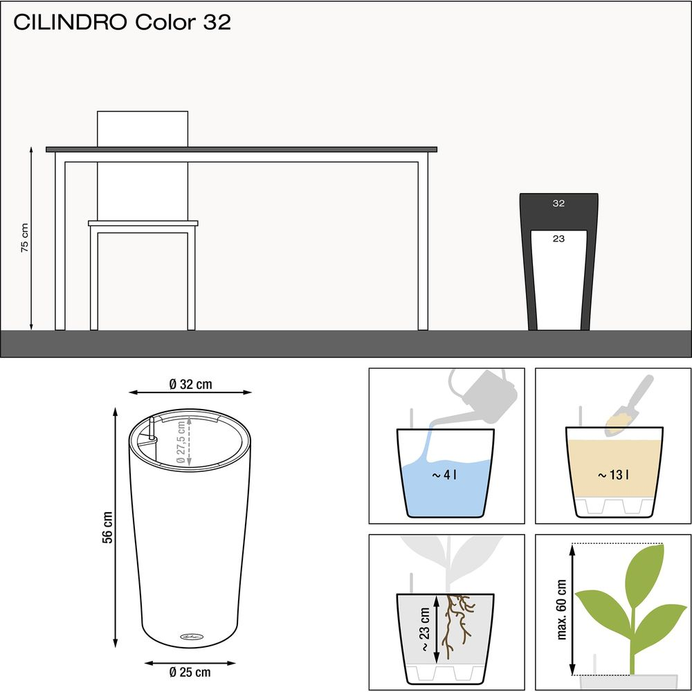 Diagramm zeigt einen Zylinder-Blumentopf mit Maßen, Wassermenge und Pflanzengröße.