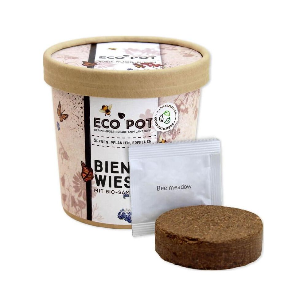 Eco Pot con semi per prato d'api: vaso, bustina di semi e disco di terra compressa.