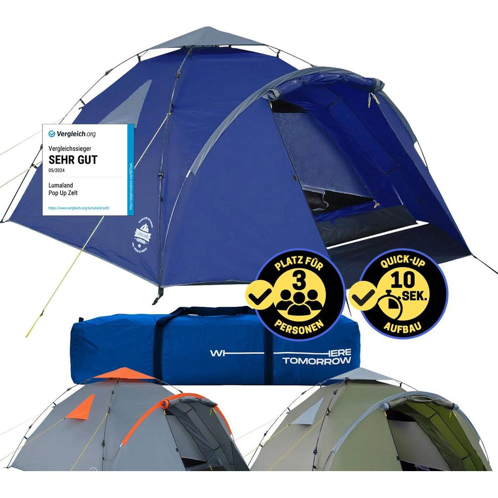 Tenda blu pop-up per 3 persone, montaggio rapido, con borsa.