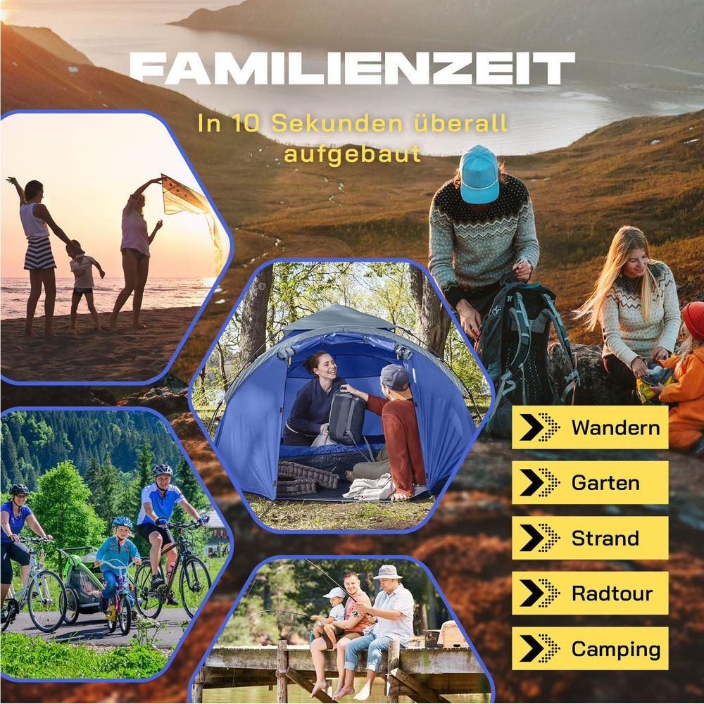 Collage di attività familiari: spiaggia, escursioni, ciclismo, campeggio e pesca.