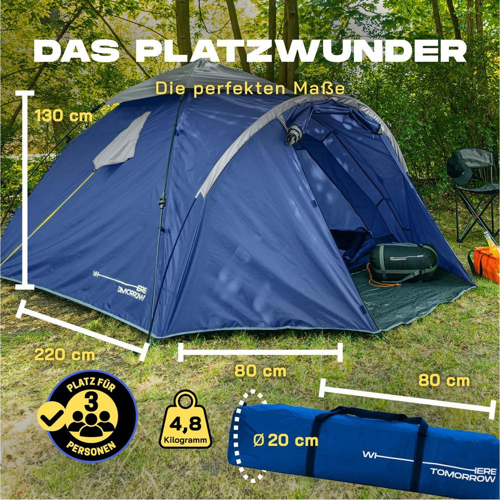 Tenda blu con dimensioni, peso 4,8 kg, per 3 persone.