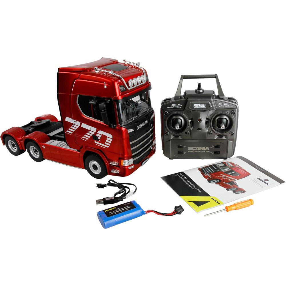 Roter Scania-RC-LKW mit Fernbedienung, Akku, Kabel und Schraubendreher.