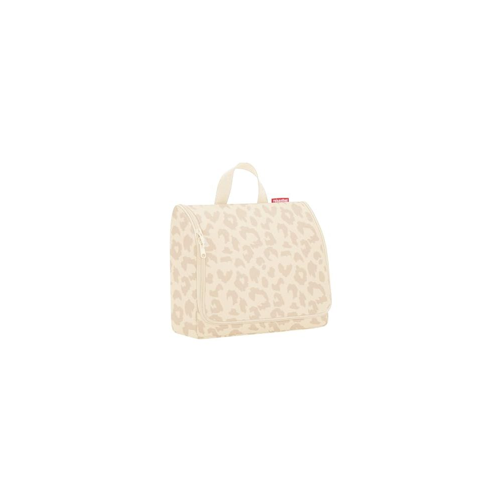 Beauty case beige con stampa leopardata e manico.