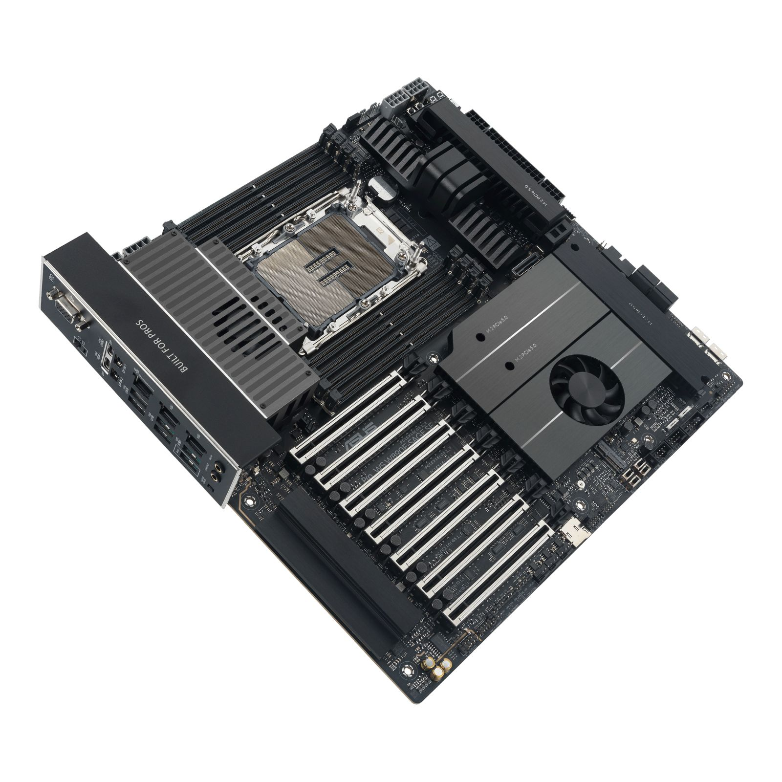 Eine schwarze Hauptplatine mit CPU-Sockel, RAM-Steckplätzen und M.2-Steckplätzen.