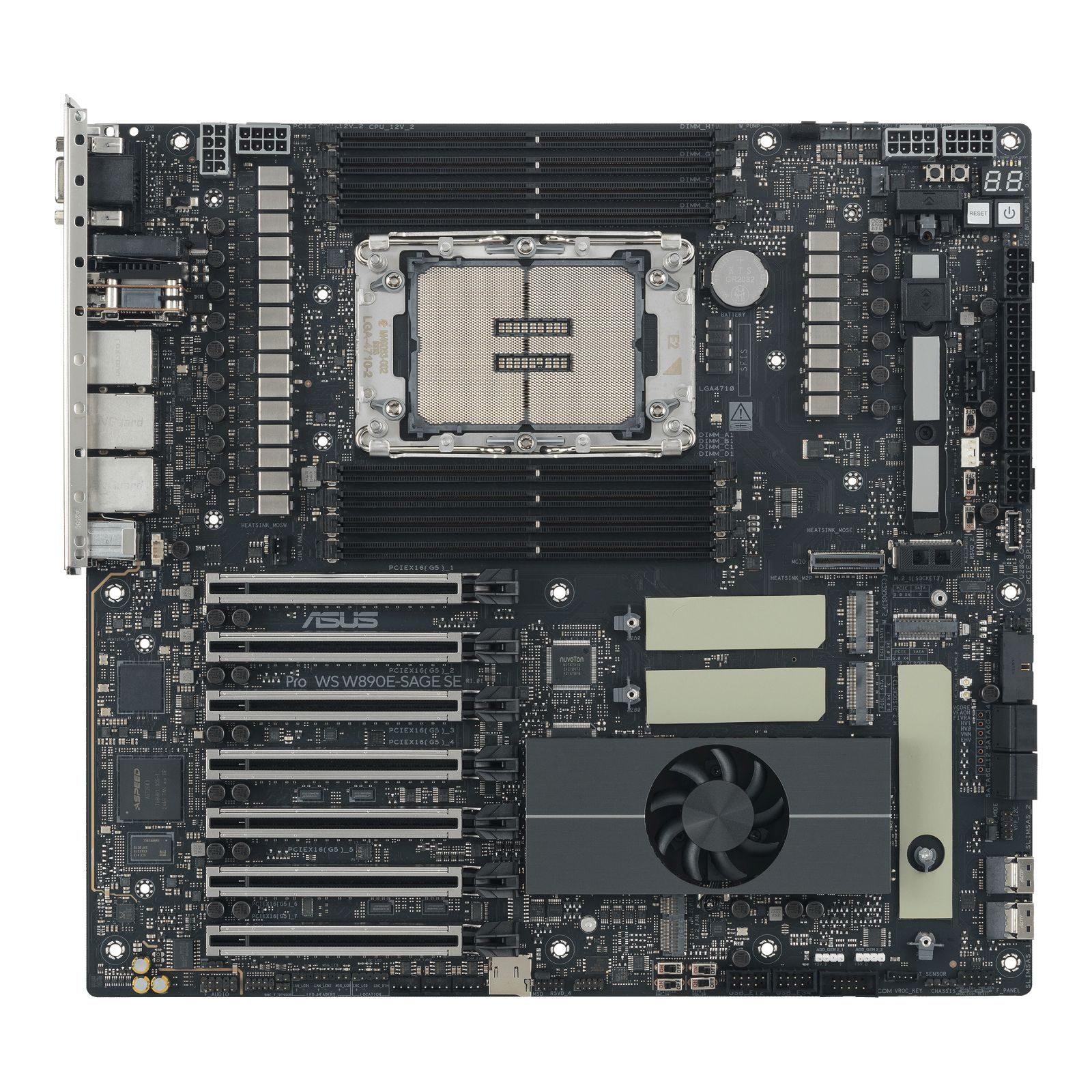Ein schwarzes Mainboard mit silbernem CPU-Sockel, vielen RAM-Steckplätzen und Lüfter.