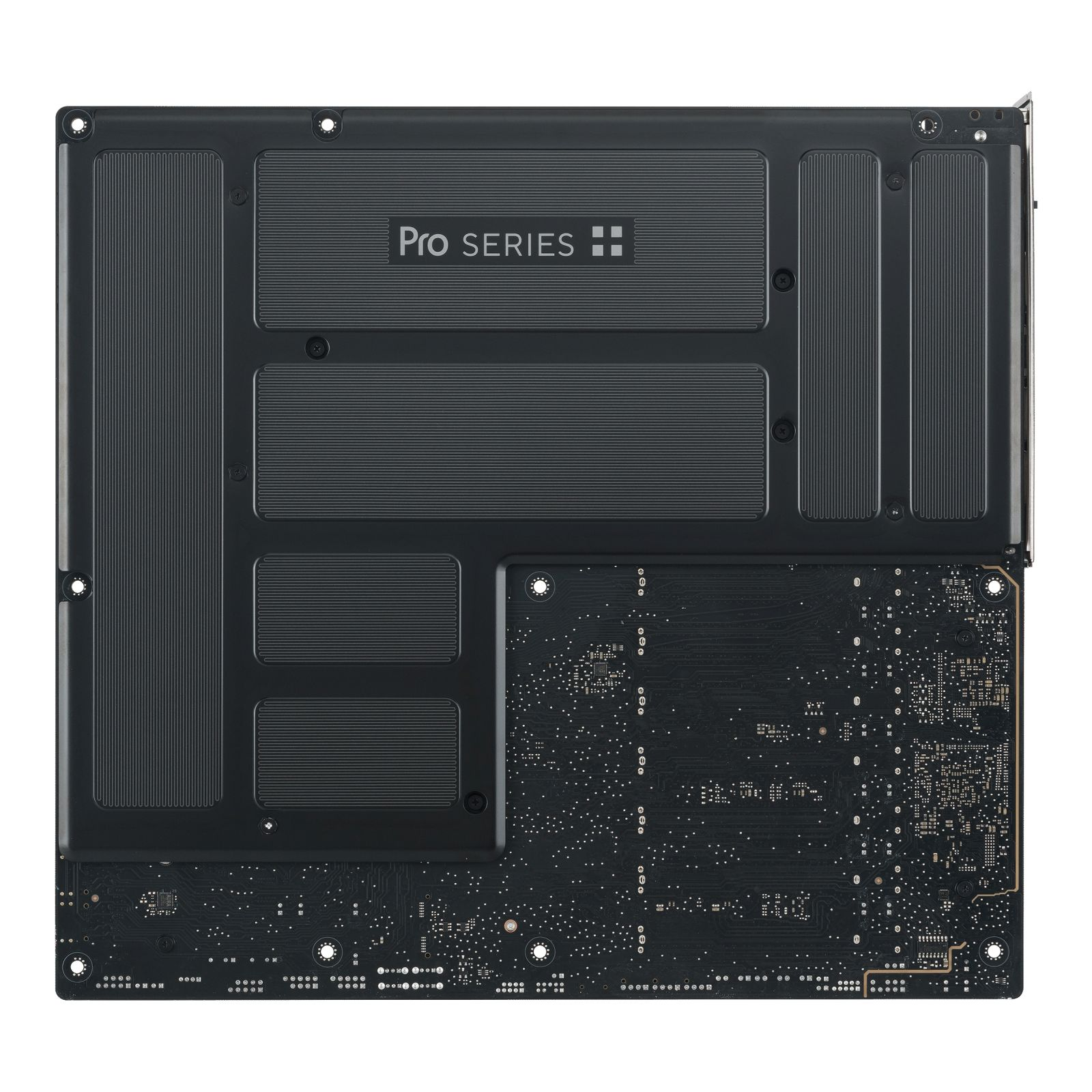 Rückseite einer schwarzen Platine mit gerippten Abdeckungen und "Pro SERIES"-Schriftzug.