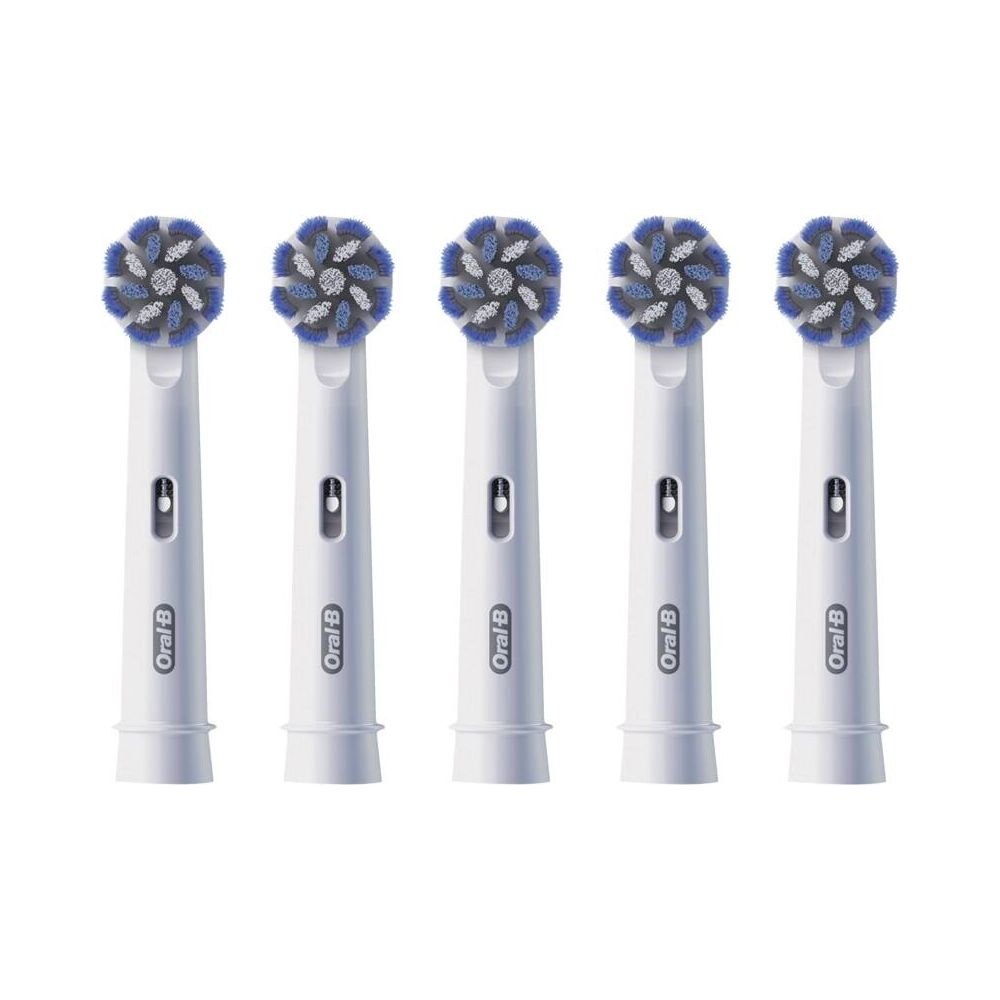 Fünf weiße Oral-B Aufsteckbürsten mit blauen Borsten in einer Reihe.