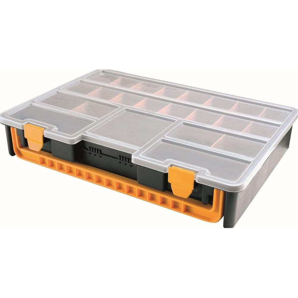 Una scatola organizer aperta multi-scomparto con fermagli e maniglie arancioni.