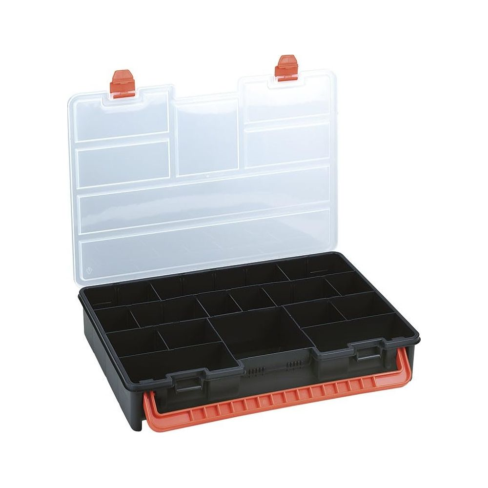Scatola organizer nera aperta con coperchio trasparente e maniglia arancione.