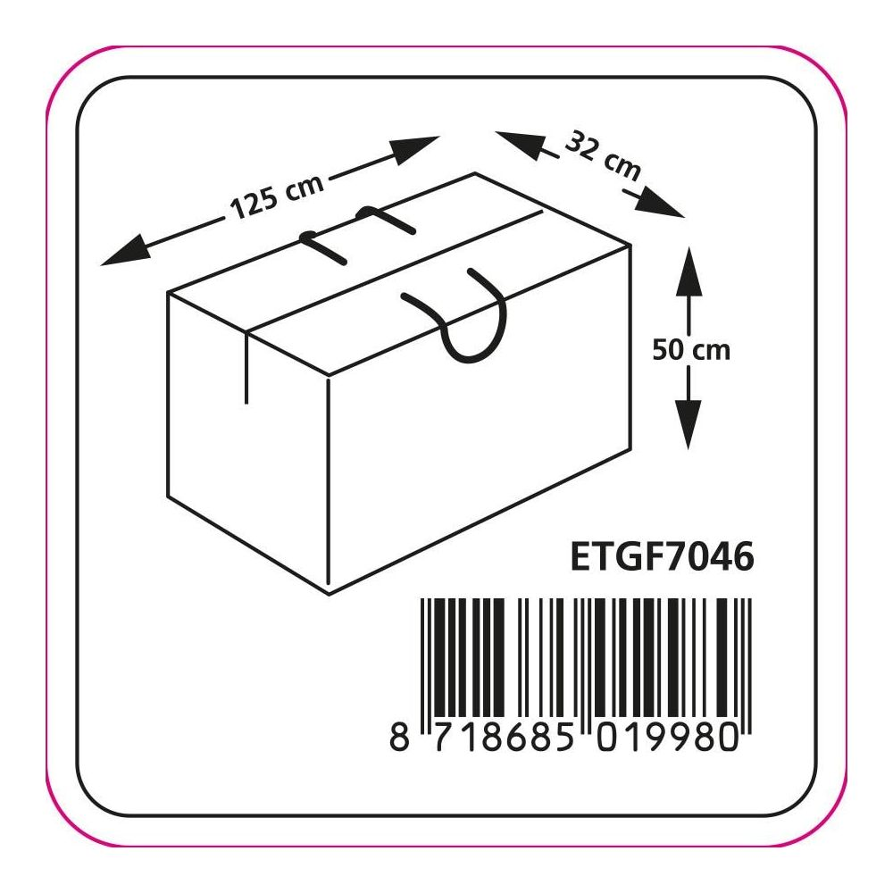 Disegno di una grande borsa regalo con dimensioni: 125 cm L, 32 cm P, 50 cm H.