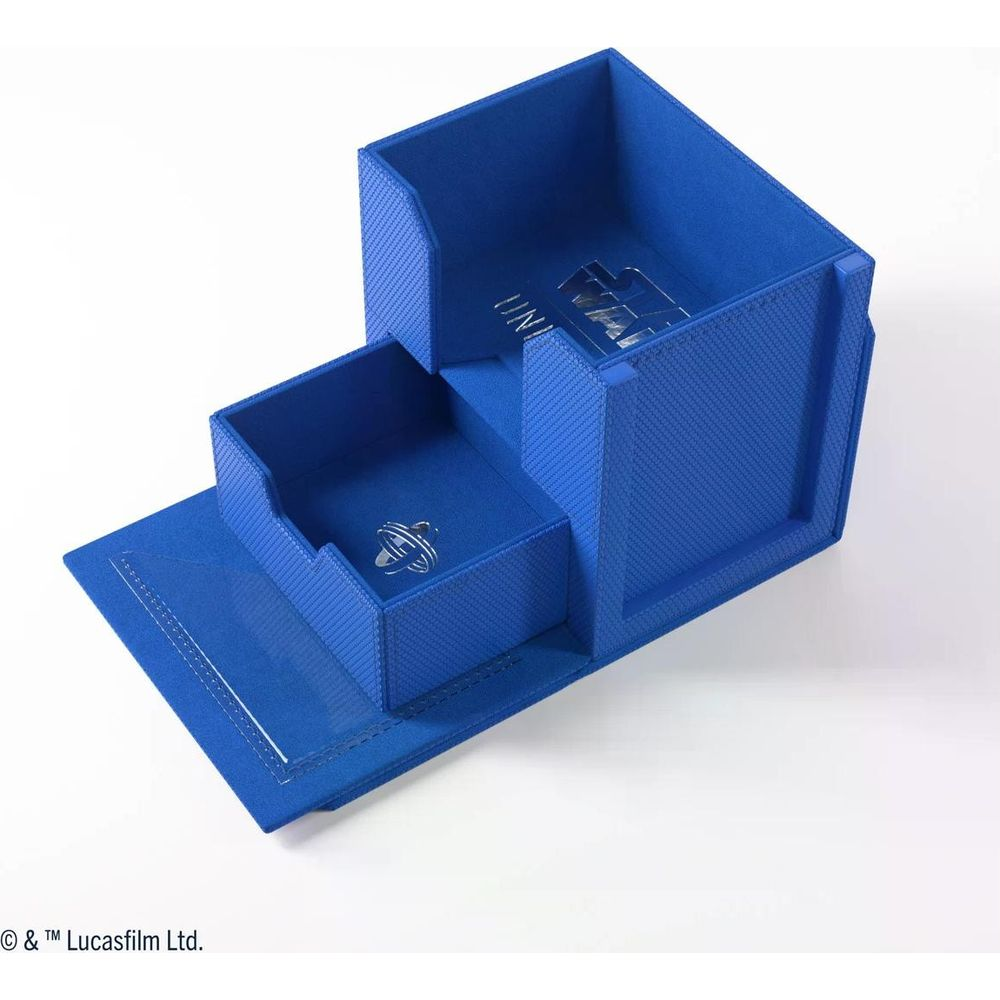 Un porte-cartes bleu à deux compartiments, ouvert sur fond blanc.