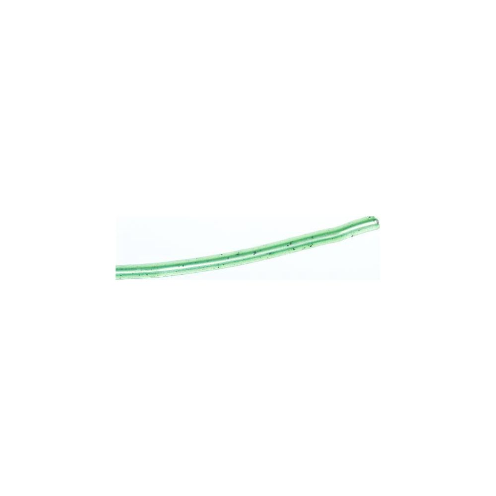 Ein durchsichtiger, dünner, grüner Schlauch mit schwarzen Sprenkeln.