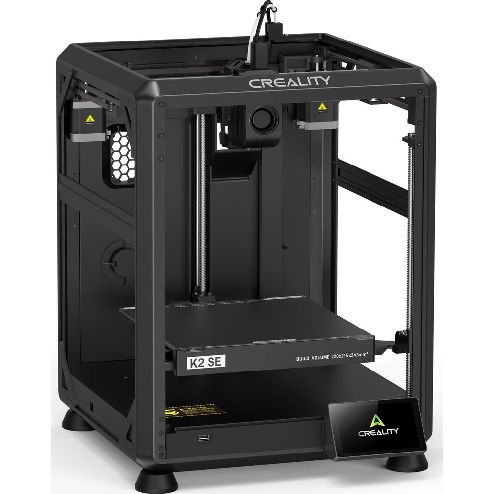 Schwarzer Creality K2 SE 3D-Drucker mit Bauvolumen 220x215x245mm. Touchscreen-Display.