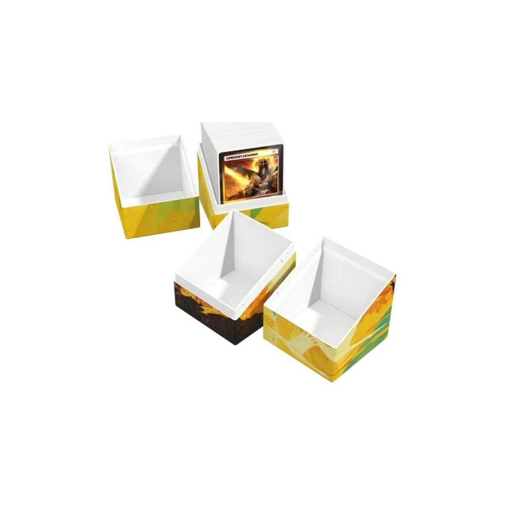 Quatre boîtes de rangement ouvertes pour cartes avec motifs jaunes et verts, l'une remplie de cartes.