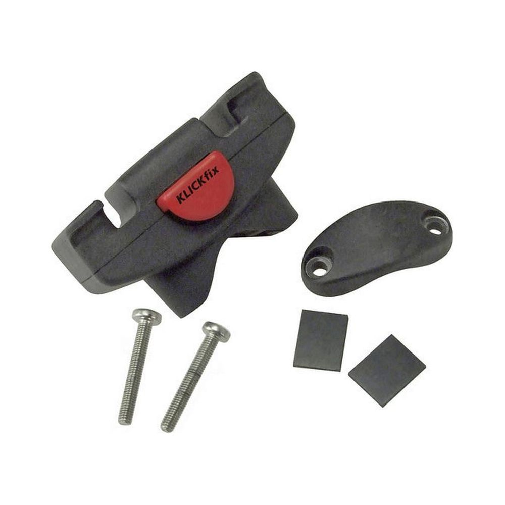Schwarz Klickfix-Halterung mit rotem Knopf, separatem Halter, zwei Schrauben und zwei Quadern.