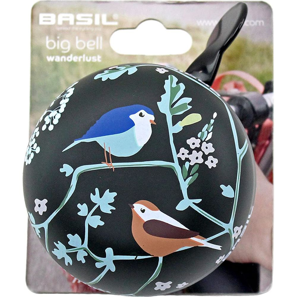 Schwarze Fahrradklingel mit zwei Vögeln und Blumenmuster. Ein blauer und ein brauner Vogel sitzen auf Zweigen.