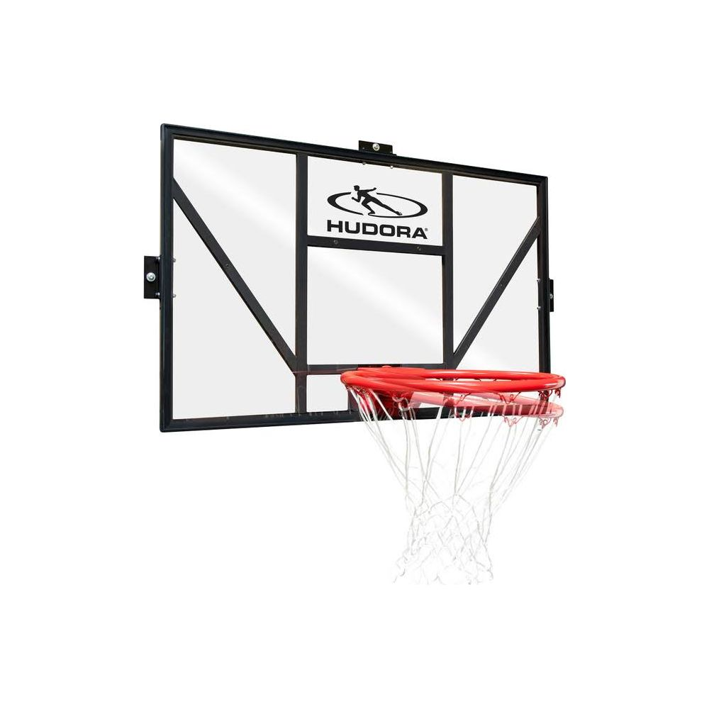 Un canestro da basket con tabellone trasparente, anello rosso e rete bianca.