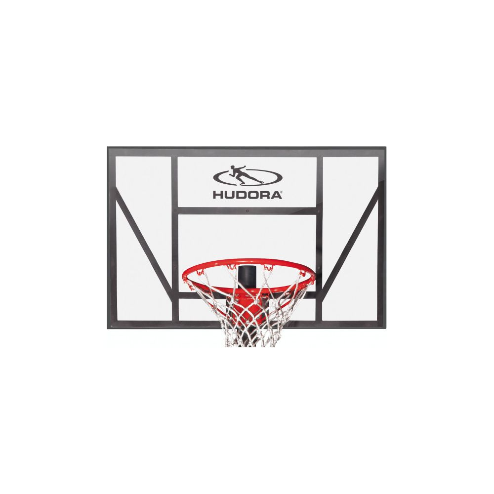 Un canestro da basket con anello rosso e rete bianca su sfondo bianco.