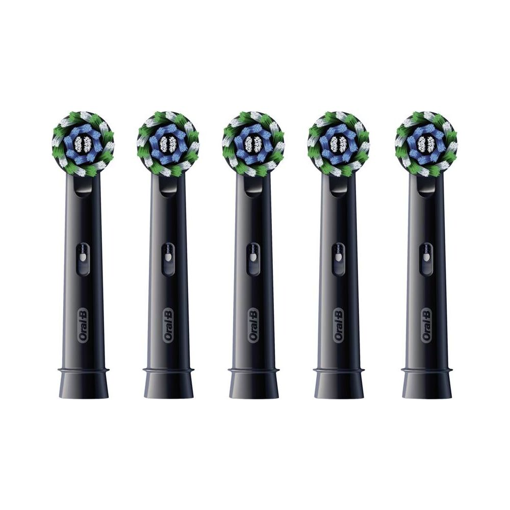 Fünf schwarze Oral-B Aufsteckbürsten mit grünen, blauen und weißen Borsten.