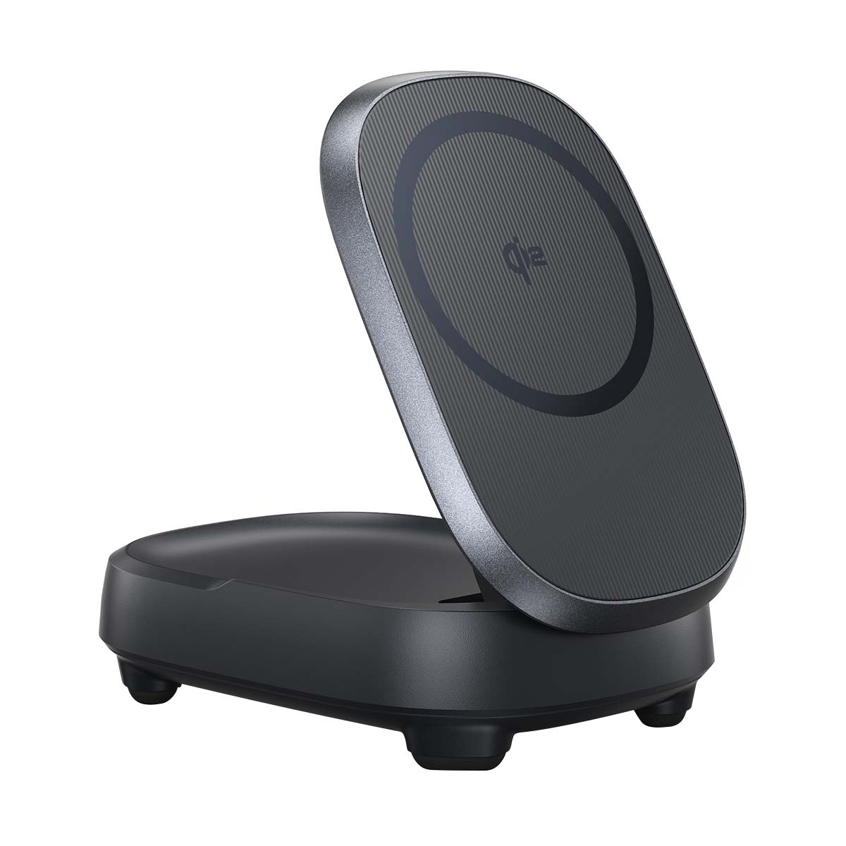 Un supporto di ricarica wireless pieghevole scuro con logo Qi.