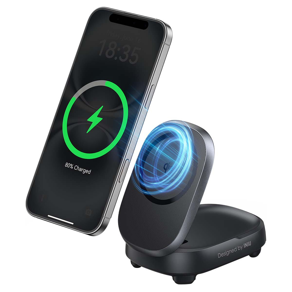 Uno smartphone mostra un'icona di ricarica e si carica in modalità wireless su un supporto nero.
