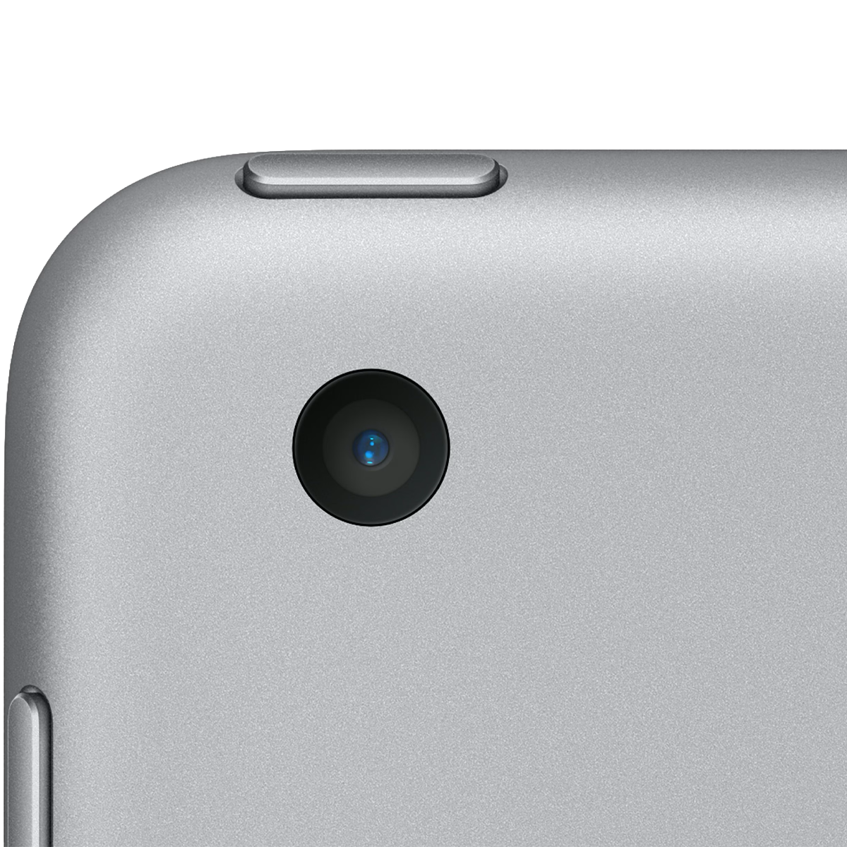 Close-up van de achterkant van een zilveren tablet met cameralens en knop.