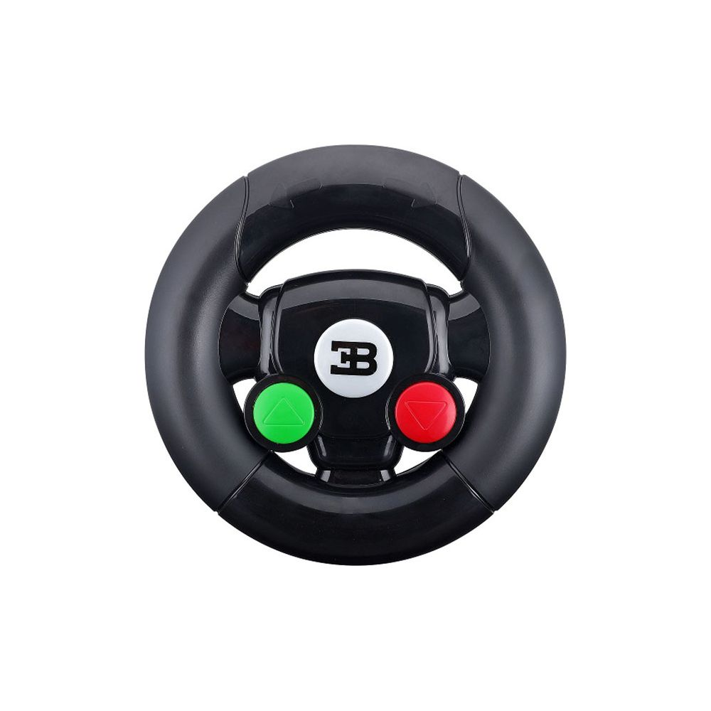 Ein schwarzes Lenkrad mit einem Bugatti-Logo und roten/grünen Knöpfen.
