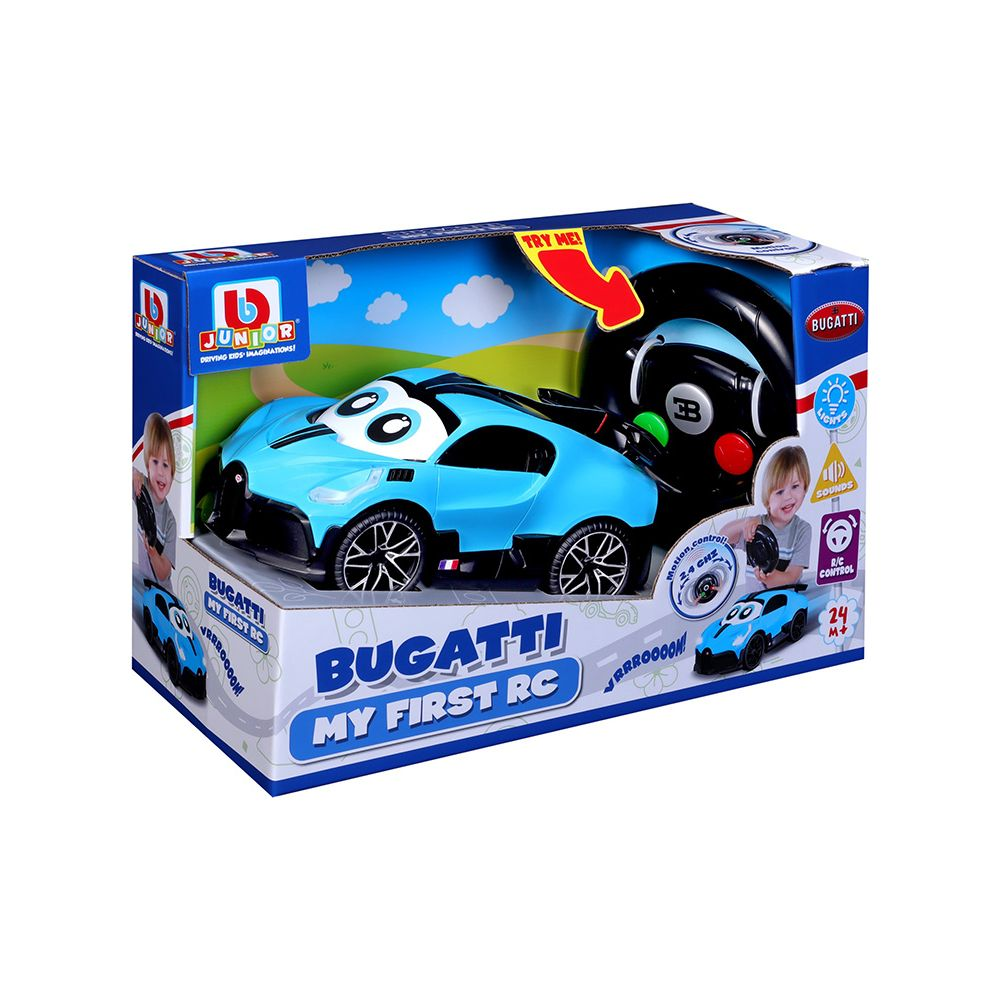 Ein blauer ferngesteuerter Bugatti mit "My First RC" Aufschrift auf der Verpackung.