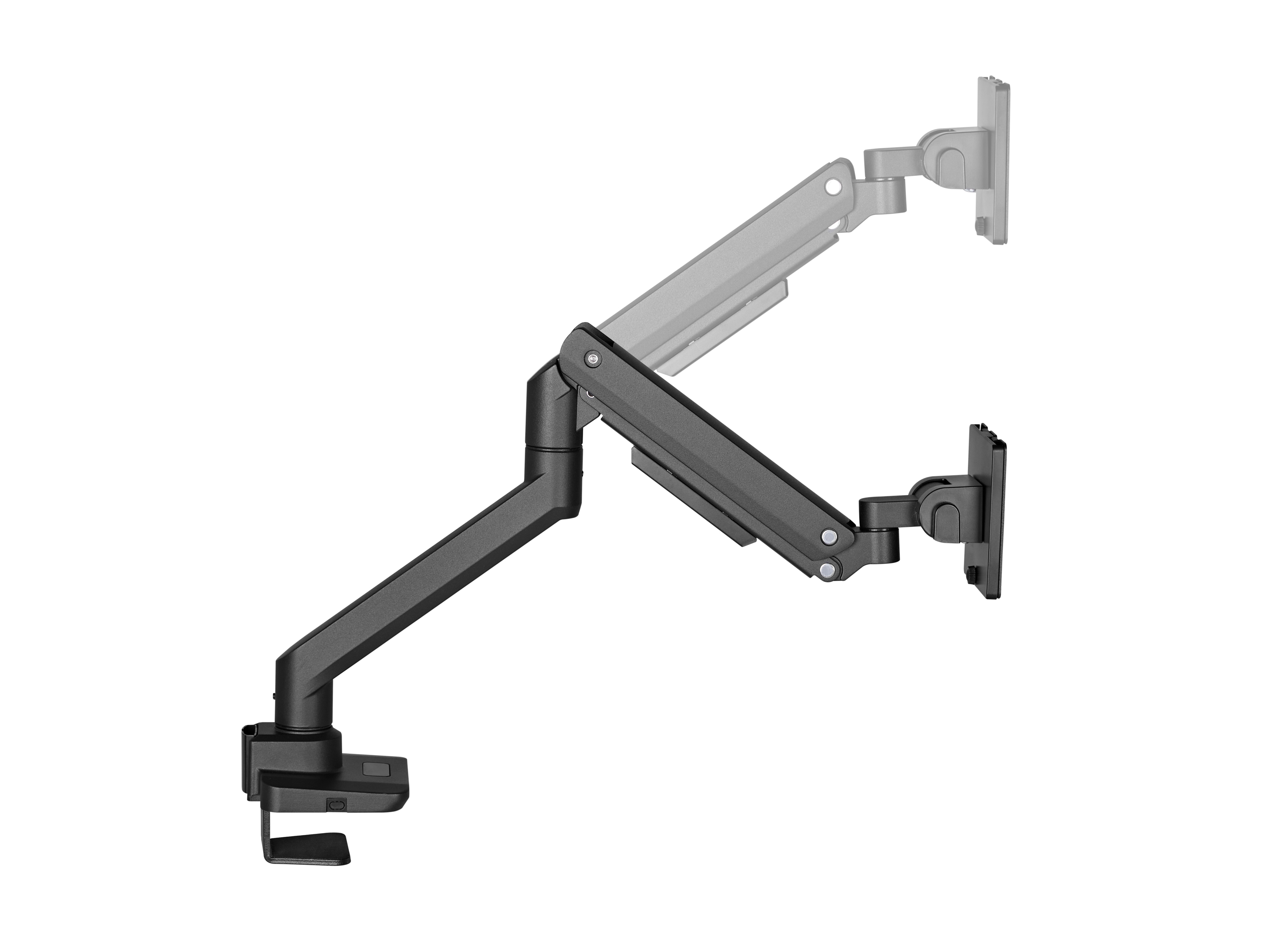 Een grijze monitorarm met klemvoet en wandmontage, op witte achtergrond.