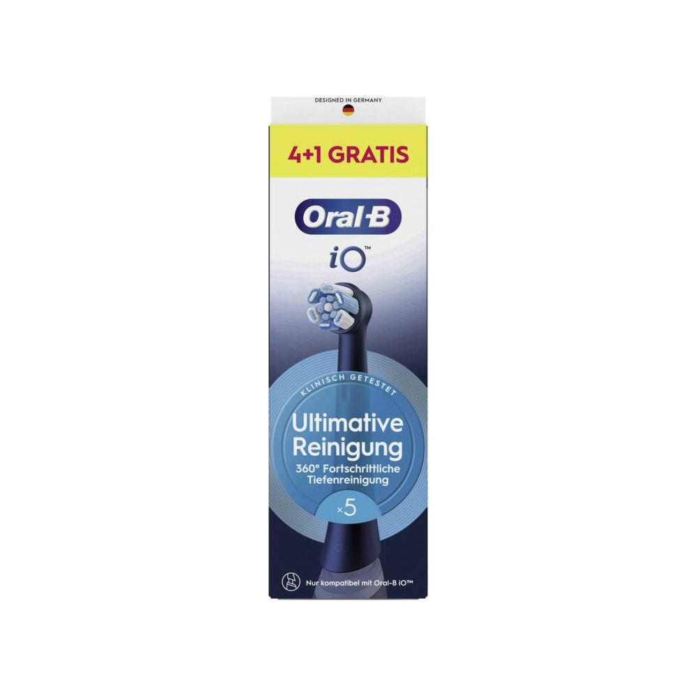 Verpackung für Oral-B iO Aufsteckbürsten, 4+1 Gratis, in Deutschland entworfen.