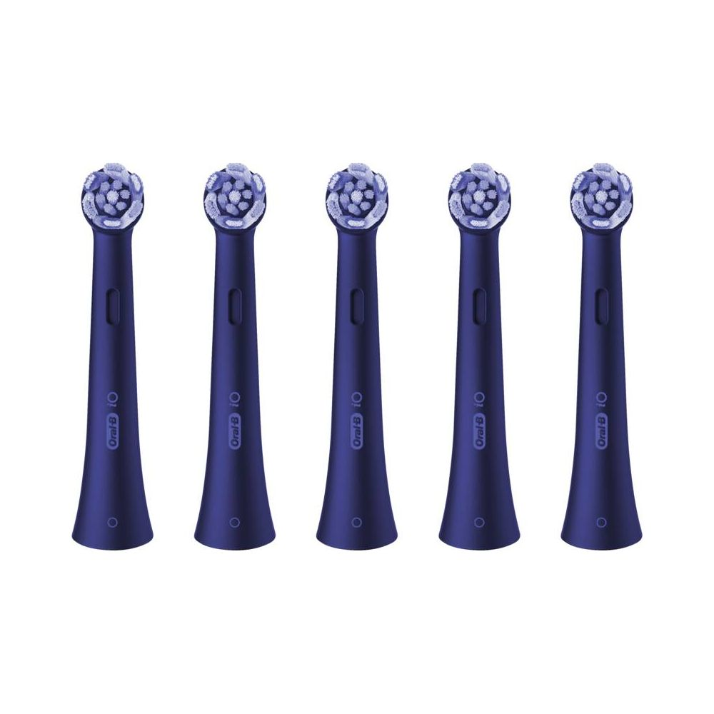 Fünf dunkelblaue Oral-B iO Zahnbürstenköpfe nebeneinander.