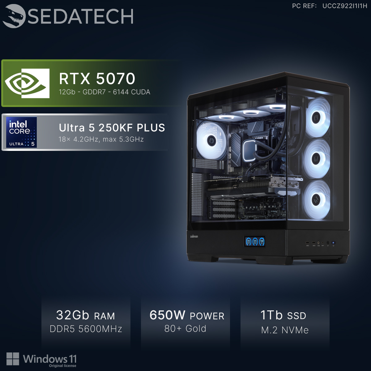 Een pc met Intel Core Ultra 5, RTX 5070, 32GB RAM, 650W voeding en 1TB SSD.