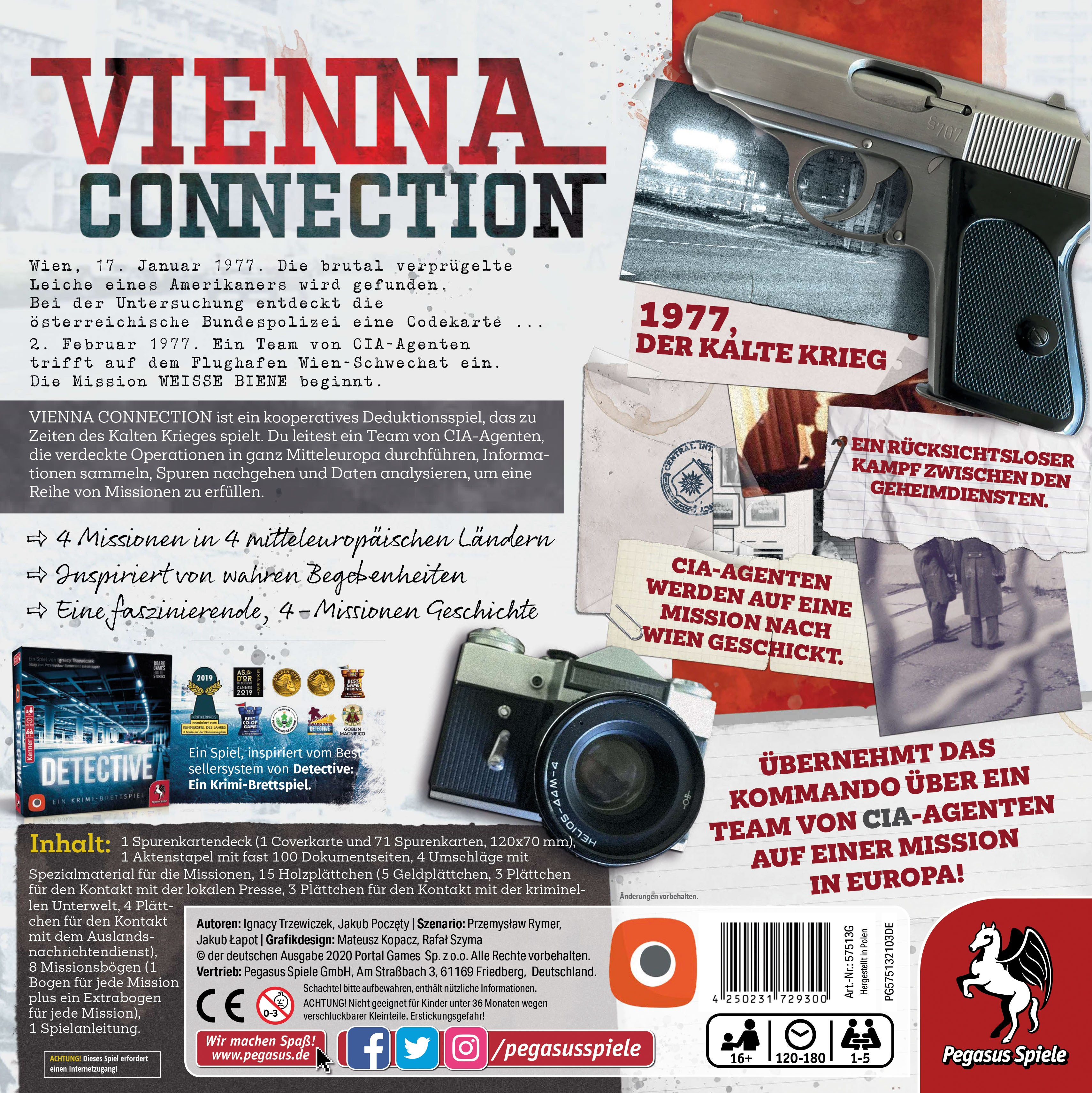 Brettspiel "Vienna Connection" mit Pistole, Kamera und Texten über CIA-Agenten.