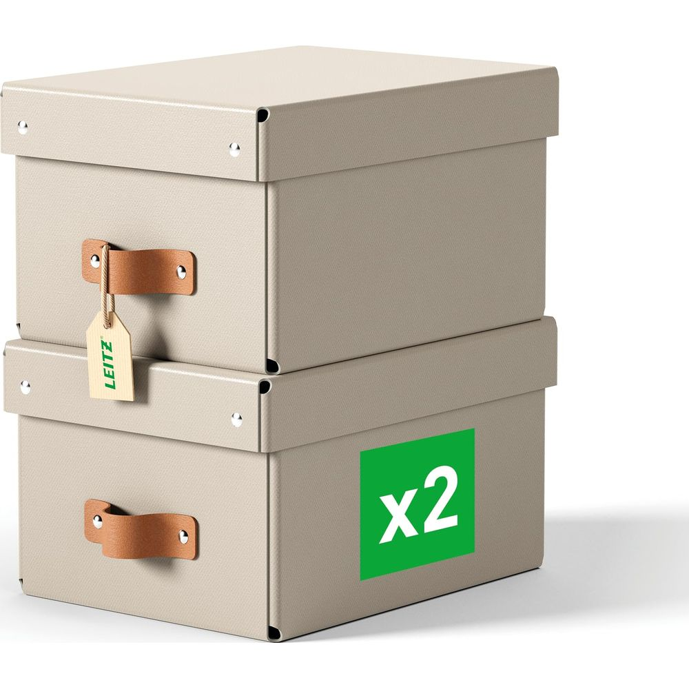 Zwei beige Aufbewahrungsboxen mit braunen Ledergriffen und "LEITZ"-Etikett.