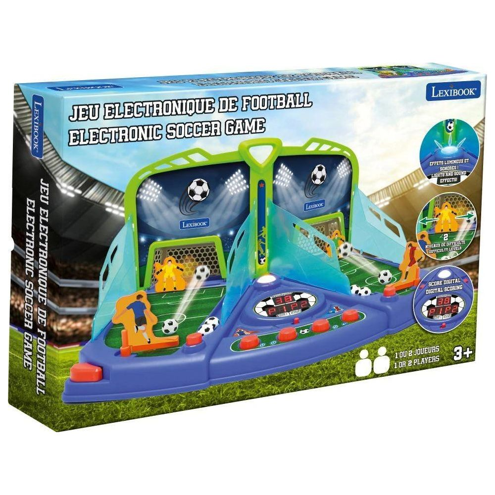Elektronisches Fußballspiel mit Lichtern, Sound und digitaler Anzeigetafel.