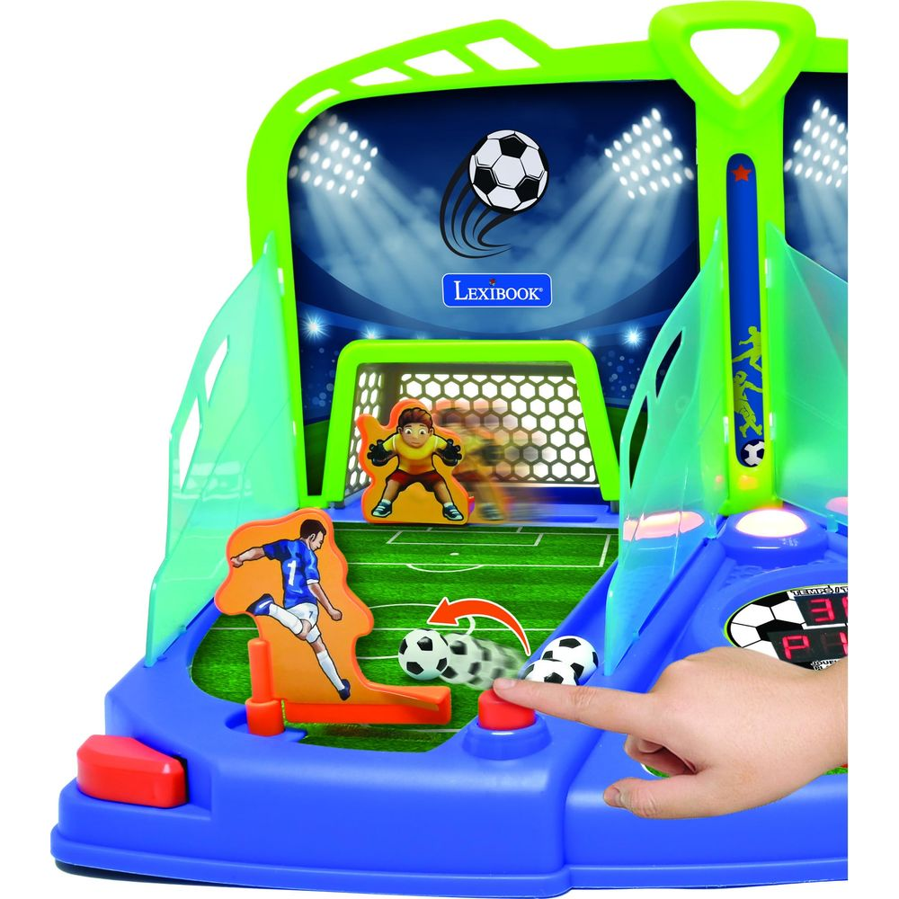 Fussballspielzeug mit Torwart, Spieler und Ball.