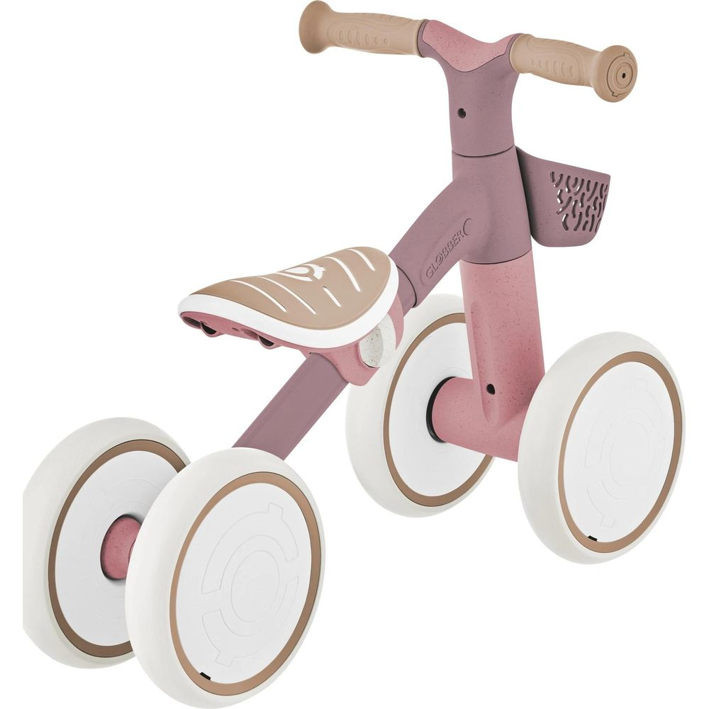 Una bici senza pedali rosa con dettagli beige e tortora e quattro ruote.